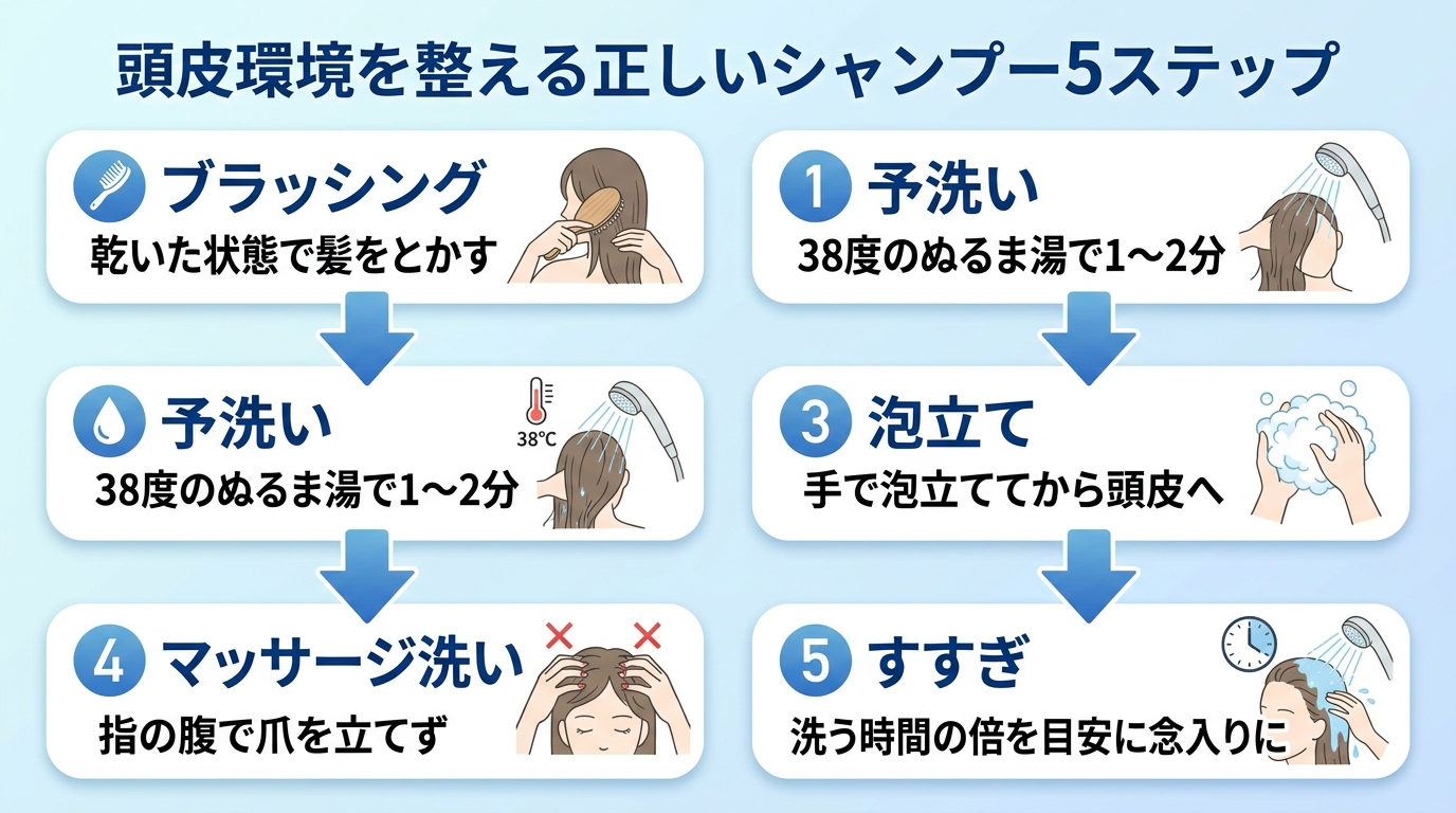 タイトル: 頭皮環境を整える正しいシャンプー5ステップ。縦並びフロー図で5段階。ステップ1: ブラッシング（乾いた状態で髪をとかす）。ステップ2: 予洗い（38度のぬるま湯で1〜2分）。ステップ3: 泡立て（手で泡立ててから頭皮へ）。ステップ4: マッサージ洗い（指の腹で爪を立てず）。ステップ5: すすぎ（洗う時間の倍を目安に念入りに）。各ステップを下向き矢印でつなぐ