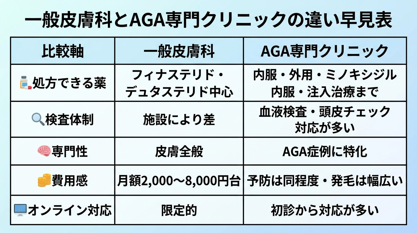タイトル: 一般皮膚科とAGA専門クリニックの違い早見表。5列の表: ヘッダー行: 比較軸 | 一般皮膚科 | AGA専門クリニック。行1: 処方できる薬 | フィナステリド・デュタステリド中心 | 内服・外用・ミノキシジル内服・注入治療まで。行2: 検査体制 | 施設により差 | 血液検査・頭皮チェック対応が多い。行3: 専門性 | 皮膚全般 | AGA症例に特化。行4: 費用感 | 月額2,000〜8,000円台 | 予防は同程度・発毛は幅広い。行5: オンライン対応 | 限定的 | 初診から対応が多い