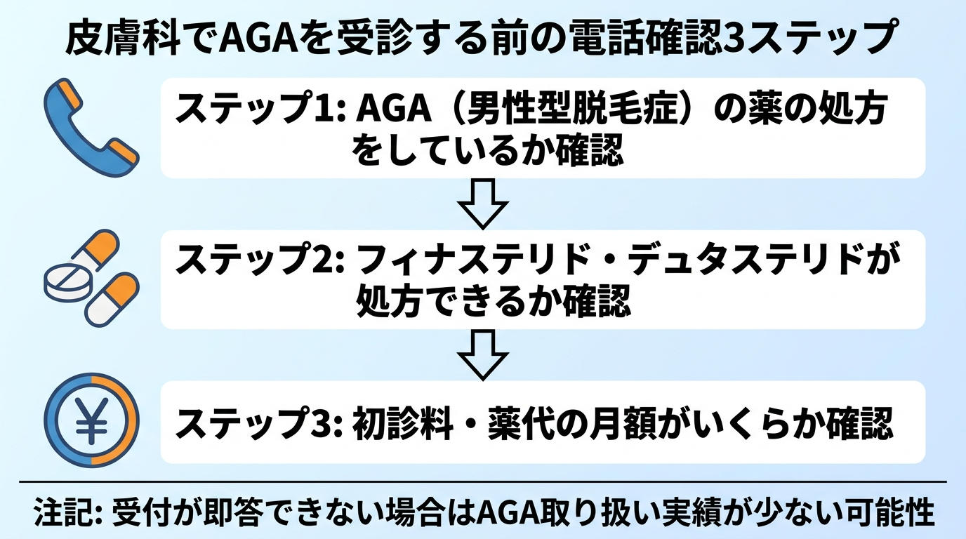 タイトル: 皮膚科でAGAを受診する前の電話確認3ステップ。縦並びフロー図: ステップ1(電話アイコン)AGA(男性型脱毛症)の薬の処方をしているか確認。ステップ2(錠剤アイコン)フィナステリド・デュタステリドが処方できるか確認。ステップ3(円マークアイコン)初診料・薬代の月額がいくらか確認。下部に注記: 受付が即答できない場合はAGA取り扱い実績が少ない可能性
