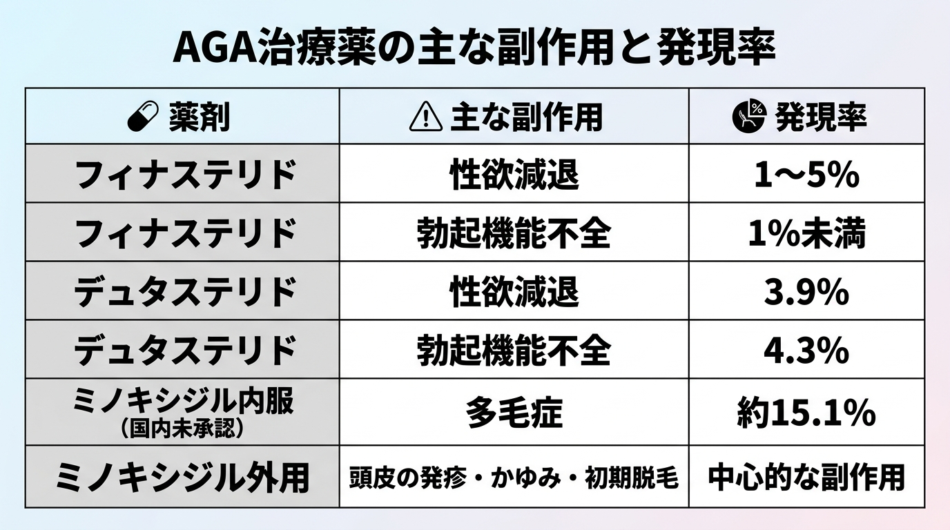 タイトル: AGA治療薬の主な副作用と発現率。3列の表: ヘッダー行: 薬剤 | 主な副作用 | 発現率。行1: フィナステリド | 性欲減退 | 1〜5%。行2: フィナステリド | 勃起機能不全 | 1%未満。行3: デュタステリド | 性欲減退 | 3.9%。行4: デュタステリド | 勃起機能不全 | 4.3%。行5: ミノキシジル内服(国内未承認) | 多毛症 | 約15.1%。行6: ミノキシジル外用 | 頭皮の発疹・かゆみ・初期脱毛 | 中心的な副作用