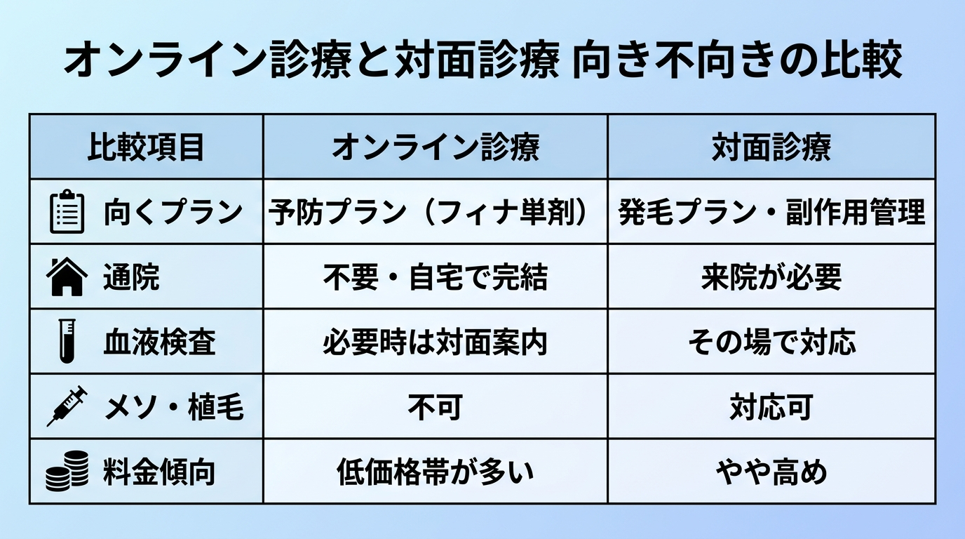 タイトル: オンライン診療と対面診療 向き不向きの比較。3列の表: ヘッダー行: 比較項目 | オンライン診療 | 対面診療。行1: 向くプラン | 予防プラン(フィナ単剤) | 発毛プラン・副作用管理。行2: 通院 | 不要・自宅で完結 | 来院が必要。行3: 血液検査 | 必要時は対面案内 | その場で対応。行4: メソ・植毛 | 不可 | 対応可。行5: 料金傾向 | 低価格帯が多い | やや高め