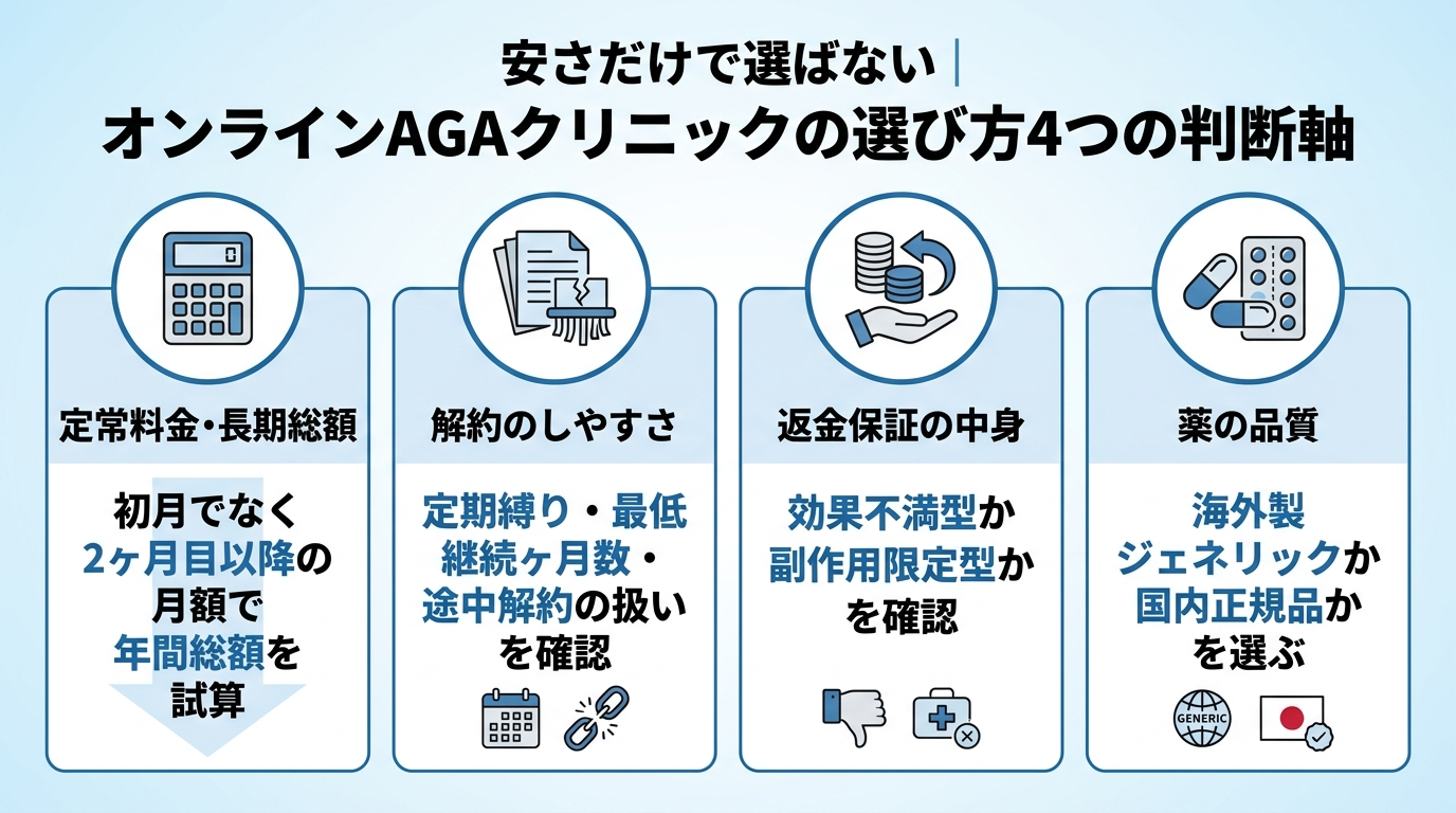 タイトル: 安さだけで選ばない｜オンラインAGAクリニックの選び方4つの判断軸。横並び4カードで: カード1（電卓のアイコン）ヘッダー: 定常料金・長期総額、説明: 初月でなく2ヶ月目以降の月額で年間総額を試算。カード2（解約書類のアイコン）ヘッダー: 解約のしやすさ、説明: 定期縛り・最低継続ヶ月数・途中解約の扱いを確認。カード3（返金マークのアイコン）ヘッダー: 返金保証の中身、説明: 効果不満型か副作用限定型かを確認。カード4（薬のアイコン）ヘッダー: 薬の品質、説明: 海外製ジェネリックか国内正規品かを選ぶ