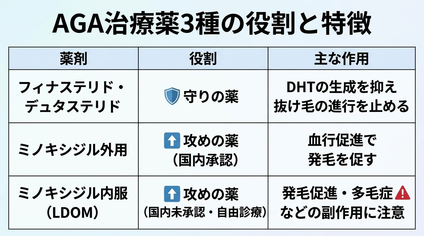 タイトル: AGA治療薬3種の役割と特徴。3列の表: ヘッダー行: 薬剤 | 役割 | 主な作用。行1: フィナステリド・デュタステリド | 守りの薬 | DHTの生成を抑え抜け毛の進行を止める。行2: ミノキシジル外用 | 攻めの薬(国内承認) | 血行促進で発毛を促す。行3: ミノキシジル内服(LDOM) | 攻めの薬(国内未承認・自由診療) | 発毛促進・多毛症などの副作用に注意