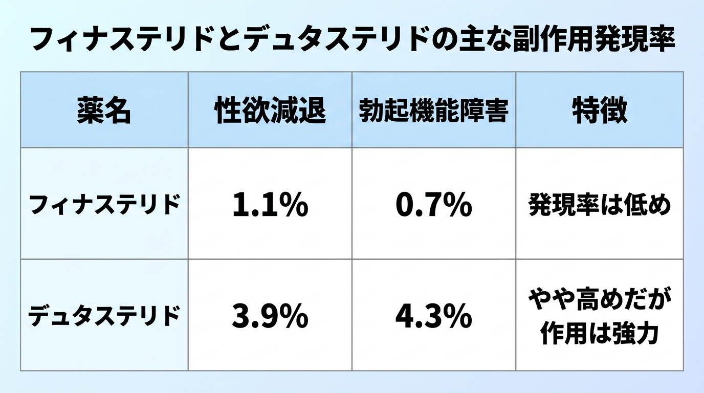 タイトル: フィナステリドとデュタステリドの主な副作用発現率。4列の表: ヘッダー行: 薬名 | 性欲減退 | 勃起機能障害 | 特徴。行1: フィナステリド | 1.1% | 0.7% | 発現率は低め。行2: デュタステリド | 3.9% | 4.3% | やや高めだが作用は強力