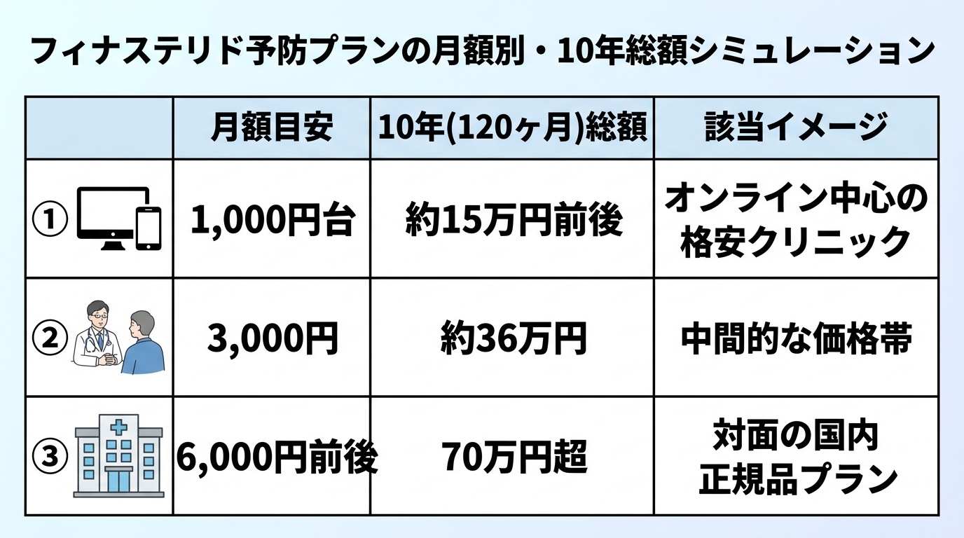 タイトル: フィナステリド予防プランの月額別・10年総額シミュレーション。3列の表: ヘッダー行: 月額目安 | 10年(120ヶ月)総額 | 該当イメージ。行1: 1,000円台 | 約15万円前後 | オンライン中心の格安クリニック。行2: 3,000円 | 約36万円 | 中間的な価格帯。行3: 6,000円前後 | 70万円超 | 対面の国内正規品プラン
