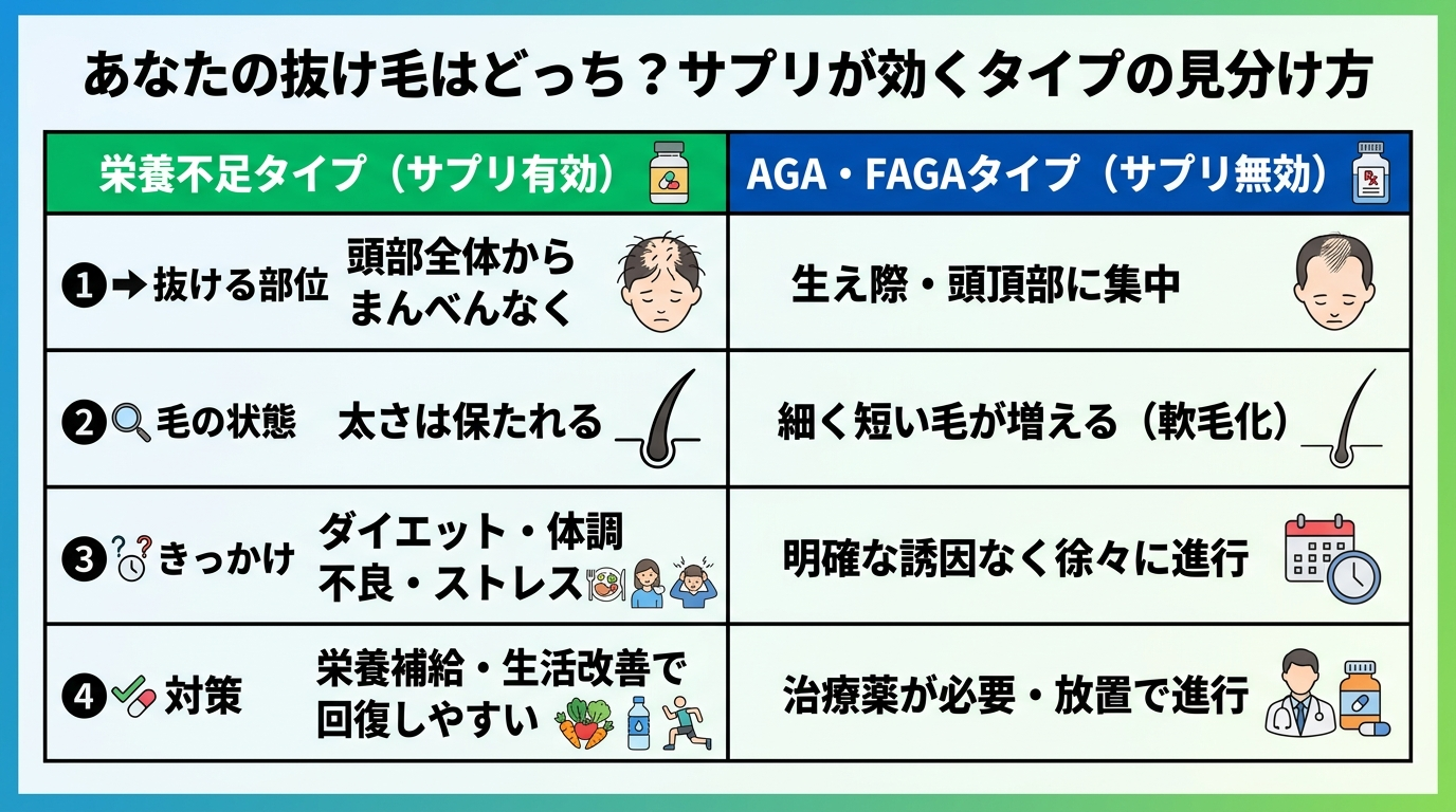 タイトル: あなたの抜け毛はどっち?サプリが効くタイプの見分け方。2列の比較表: ヘッダー行: 栄養不足タイプ(サプリ有効) | AGA・FAGAタイプ(サプリ無効)。行1: 抜ける部位 → 頭部全体からまんべんなく | 生え際・頭頂部に集中。行2: 毛の状態 → 太さは保たれる | 細く短い毛が増える(軟毛化)。行3: きっかけ → ダイエット・体調不良・ストレス | 明確な誘因なく徐々に進行。行4: 対策 → 栄養補給・生活改善で回復しやすい | 治療薬が必要・放置で進行