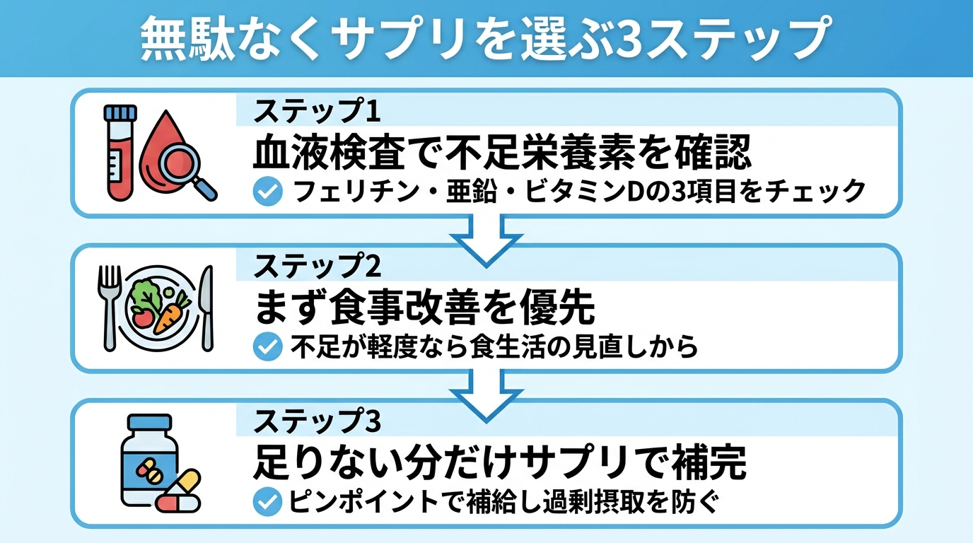 タイトル: 無駄なくサプリを選ぶ3ステップ。縦並びフローチャート: ステップ1(血液検査のアイコン)血液検査で不足栄養素を確認 → フェリチン・亜鉛・ビタミンDの3項目をチェック。ステップ2(食事のアイコン)まず食事改善を優先 → 不足が軽度なら食生活の見直しから。ステップ3(サプリのアイコン)足りない分だけサプリで補完 → ピンポイントで補給し過剰摂取を防ぐ