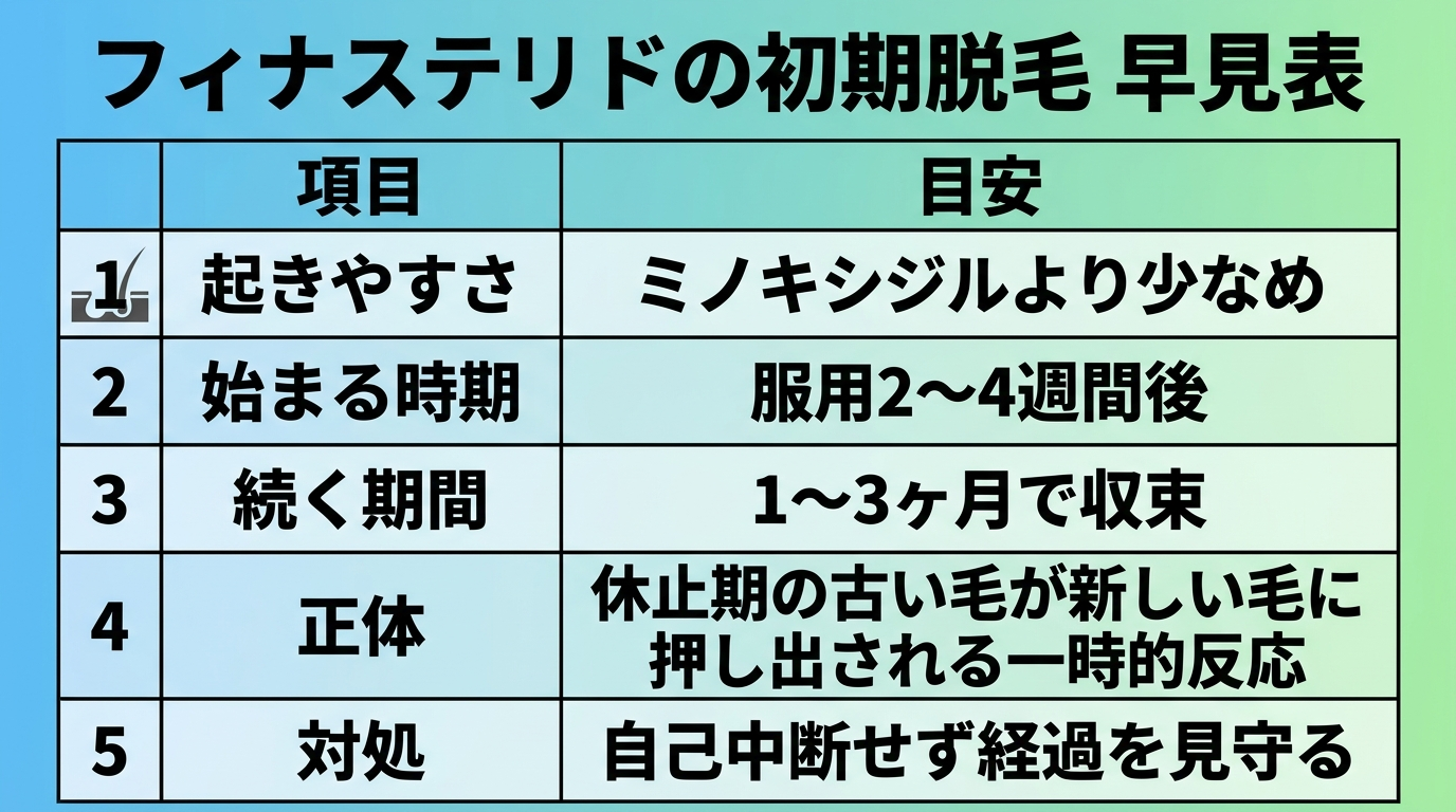 タイトル: フィナステリドの初期脱毛 早見表。2列の表: 左列が項目、右列が目安。行1: 起きやすさ | ミノキシジルより少なめ。行2: 始まる時期 | 服用2〜4週間後。行3: 続く期間 | 1〜3ヶ月で収束。行4: 正体 | 休止期の古い毛が新しい毛に押し出される一時的反応。行5: 対処 | 自己中断せず経過を見守る