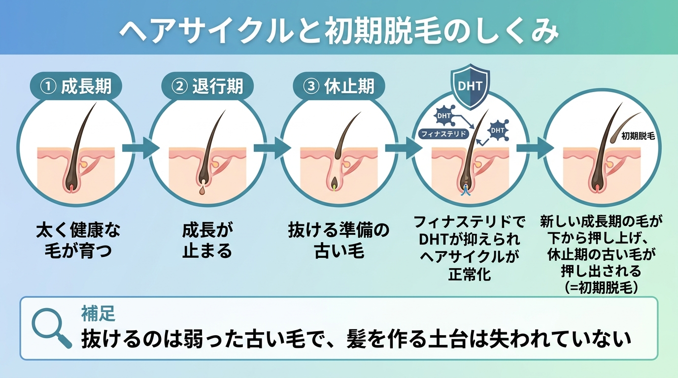 タイトル: ヘアサイクルと初期脱毛のしくみ。フロー図: ①成長期(太く健康な毛が育つ)→②退行期(成長が止まる)→③休止期(抜ける準備の古い毛)→④フィナステリドでDHTが抑えられヘアサイクルが正常化→⑤新しい成長期の毛が下から押し上げ、休止期の古い毛が押し出される(=初期脱毛)。補足: 抜けるのは弱った古い毛で、髪を作る土台は失われていない