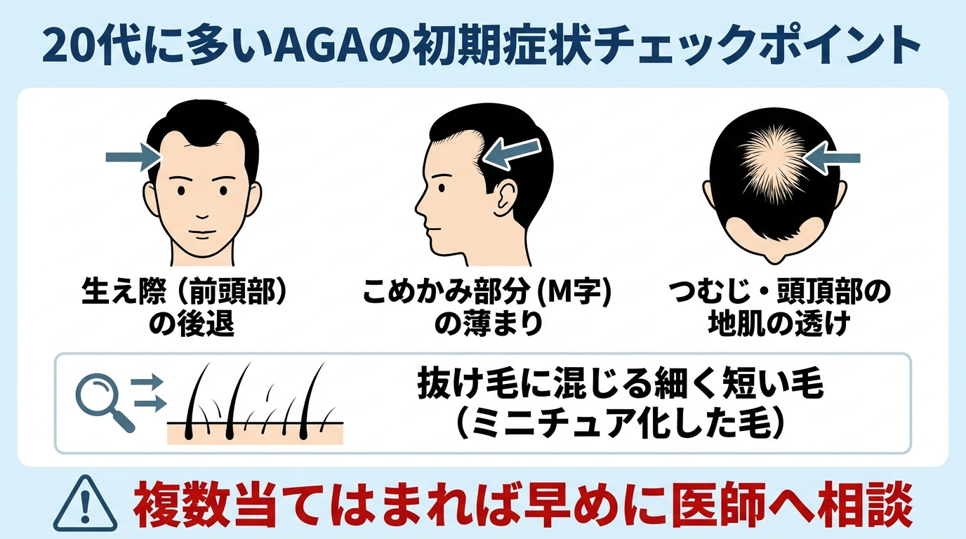 タイトル: 20代に多いAGAの初期症状チェックポイント。頭部の正面・側面・頭頂部のイラストに矢印で注釈: 生え際(前頭部)の後退、こめかみ部分(M字)の薄まり、つむじ・頭頂部の地肌の透け、抜け毛に混じる細く短い毛(ミニチュア化した毛)。下部に「複数当てはまれば早めに医師へ相談」のテキスト
