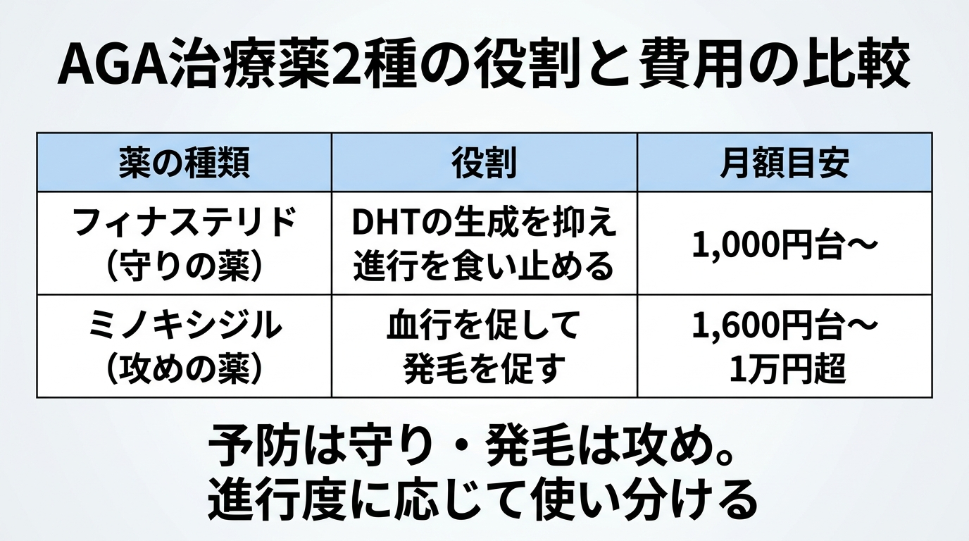 タイトル: AGA治療薬2種の役割と費用の比較。3列の表: ヘッダー行: 薬の種類 | 役割 | 月額目安。行1: フィナステリド(守りの薬) | DHTの生成を抑え進行を食い止める | 1,000円台〜。行2: ミノキシジル(攻めの薬) | 血行を促して発毛を促す | 1,600円台〜1万円超。下部に「予防は守り・発毛は攻め。進行度に応じて使い分ける」のテキスト