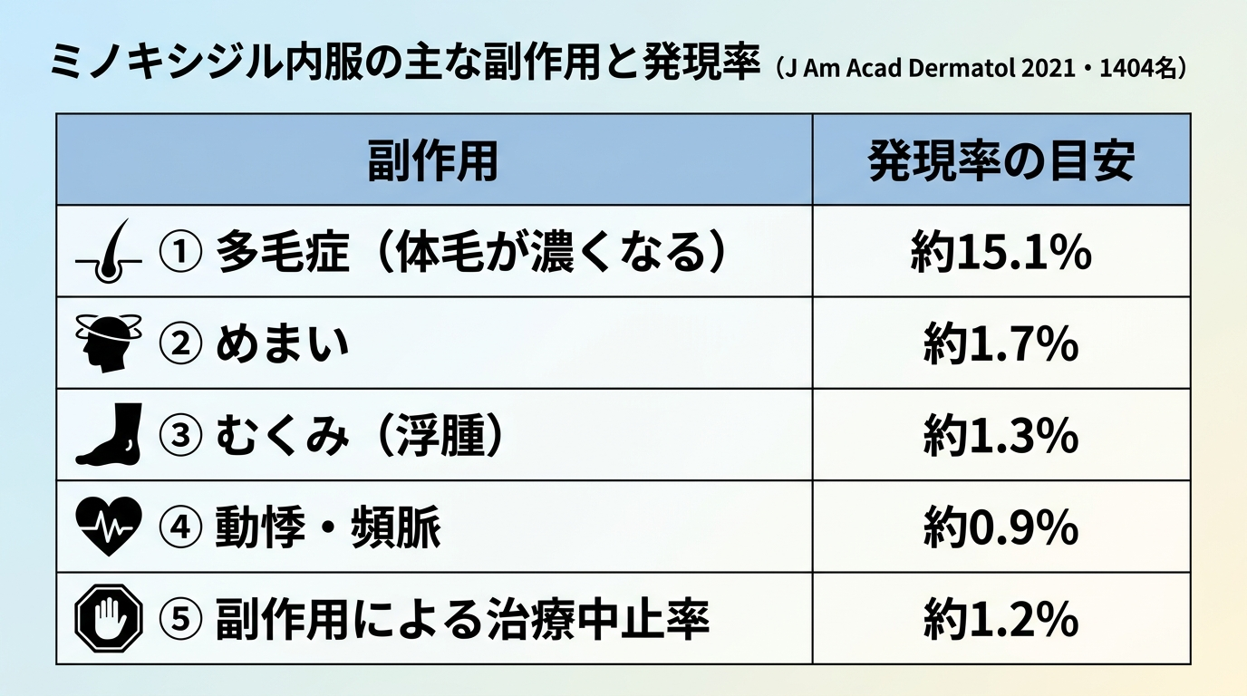 タイトル: ミノキシジル内服の主な副作用と発現率(J Am Acad Dermatol 2021・1404名)。2列の表: ヘッダー行: 副作用 | 発現率の目安。行1: 多毛症(体毛が濃くなる) | 約15.1%。行2: めまい | 約1.7%。行3: むくみ(浮腫) | 約1.3%。行4: 動悸・頻脈 | 約0.9%。行5: 副作用による治療中止率 | 約1.2%