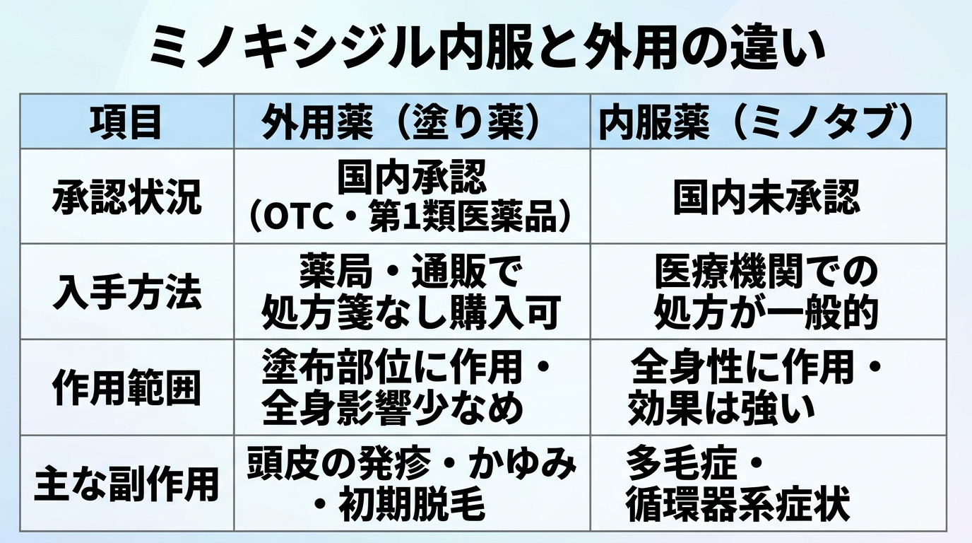 タイトル: ミノキシジル内服と外用の違い。3列の表: ヘッダー行: 項目 | 外用薬(塗り薬) | 内服薬(ミノタブ)。行1: 承認状況 | 国内承認(OTC・第1類医薬品) | 国内未承認。行2: 入手方法 | 薬局・通販で処方箋なし購入可 | 医療機関での処方が一般的。行3: 作用範囲 | 塗布部位に作用・全身影響少なめ | 全身性に作用・効果は強い。行4: 主な副作用 | 頭皮の発疹・かゆみ・初期脱毛 | 多毛症・循環器系症状