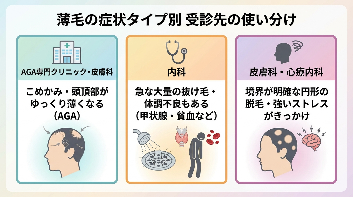 タイトル: 薄毛の症状タイプ別 受診先の使い分け。横並び3カードで: カード1(クリニックのアイコン)ヘッダー: AGA専門クリニック・皮膚科、説明: こめかみ・頭頂部がゆっくり薄くなる(AGA)。カード2(聴診器のアイコン)ヘッダー: 内科、説明: 急な大量の抜け毛・体調不良もある(甲状腺・貧血など)。カード3(頭部のアイコン)ヘッダー: 皮膚科・心療内科、説明: 境界が明確な円形の脱毛・強いストレスがきっかけ