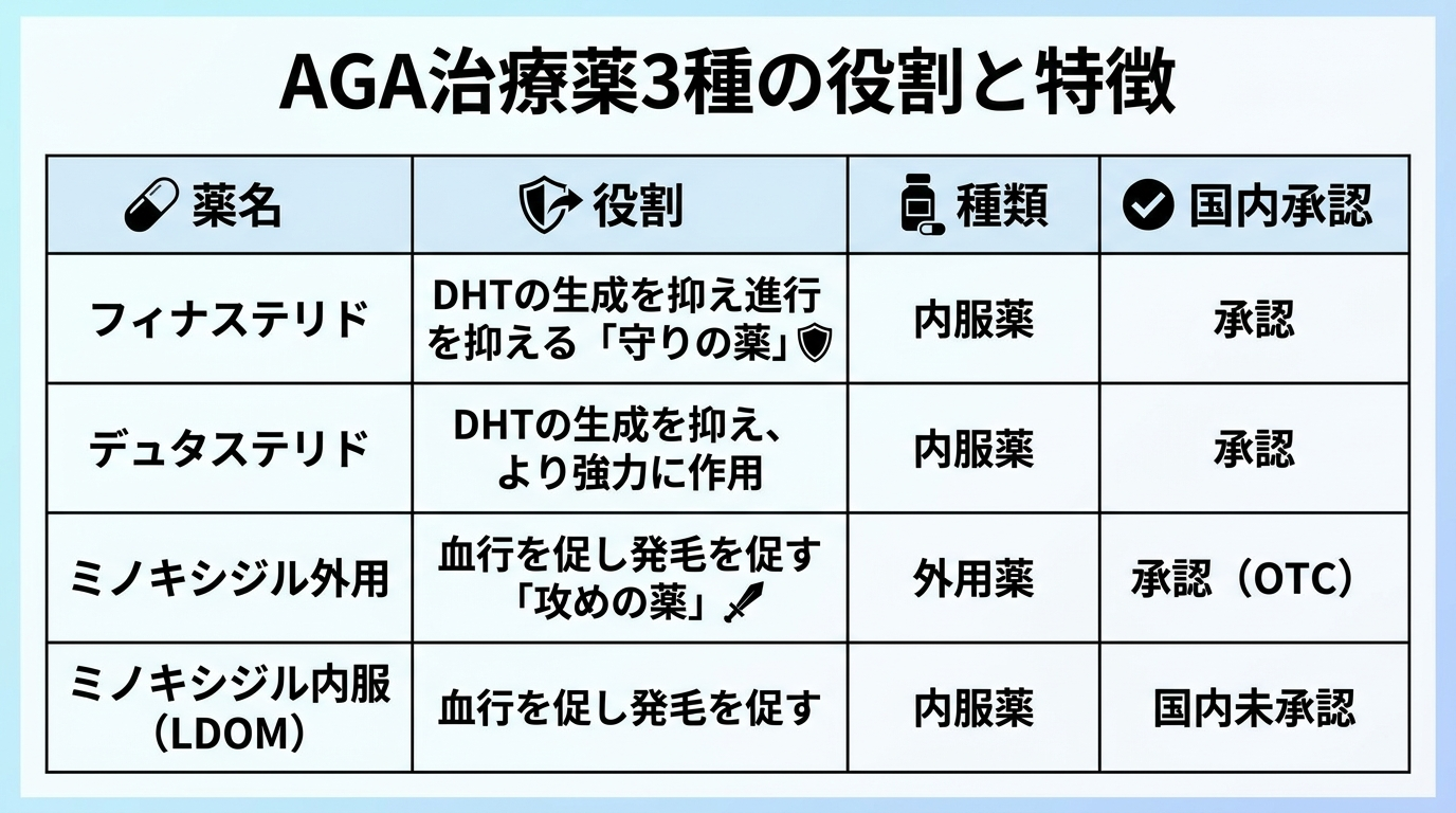 タイトル: AGA治療薬3種の役割と特徴。4列の表: ヘッダー行: 薬名 | 役割 | 種類 | 国内承認。行1: フィナステリド | DHTの生成を抑え進行を抑える「守りの薬」 | 内服薬 | 承認。行2: デュタステリド | DHTの生成を抑え、より強力に作用 | 内服薬 | 承認。行3: ミノキシジル外用 | 血行を促し発毛を促す「攻めの薬」 | 外用薬 | 承認(OTC)。行4: ミノキシジル内服(LDOM) | 血行を促し発毛を促す | 内服薬 | 国内未承認