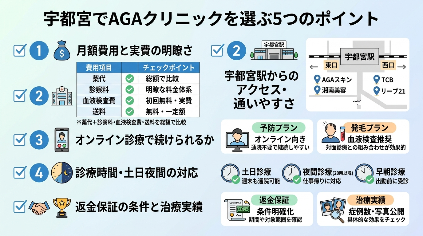 タイトル: 宇都宮でAGAクリニックを選ぶ5つのポイント。縦並び5項目のチェックリスト型インフォグラフィック。項目1: 月額費用と実費の明瞭さ(薬代+診察料・血液検査費・送料を総額で比較)。項目2: 宇都宮駅からのアクセス・通いやすさ(東口にAGAスキン・湘南美容、西口にTCB・リーブ21)。項目3: オンライン診療で続けられるか(予防プランはオンライン向き、発毛プランは血液検査推奨)。項目4: 診療時間・土日夜間の対応。項目5: 返金保証の条件と治療実績