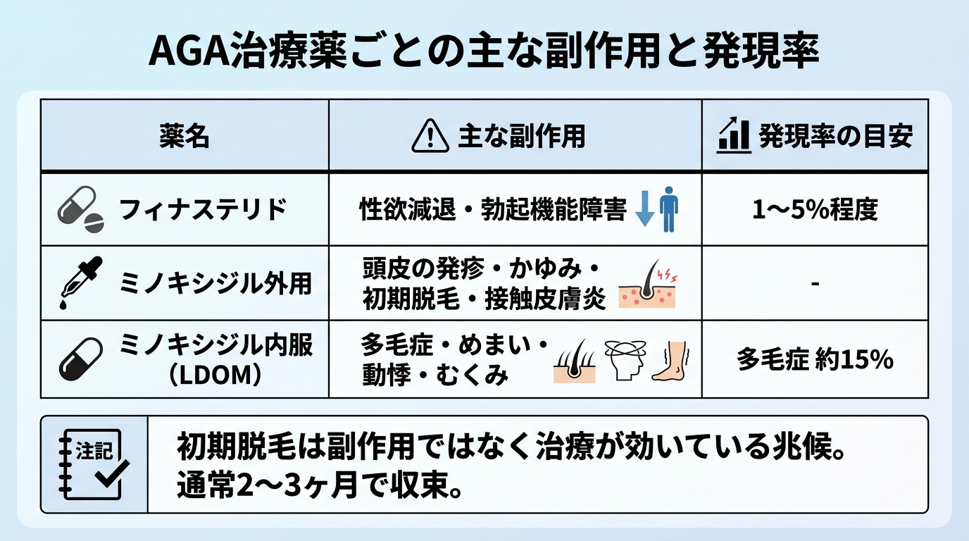 タイトル: AGA治療薬ごとの主な副作用と発現率。3列の表: ヘッダー行: 薬名 | 主な副作用 | 発現率の目安。行1: フィナステリド | 性欲減退・勃起機能障害 | 1〜5%程度。行2: ミノキシジル外用 | 頭皮の発疹・かゆみ・初期脱毛・接触皮膚炎 | -。行3: ミノキシジル内服（LDOM） | 多毛症・めまい・動悸・むくみ | 多毛症 約15%。注記: 初期脱毛は副作用ではなく治療が効いている兆候。通常2〜3ヶ月で収束。