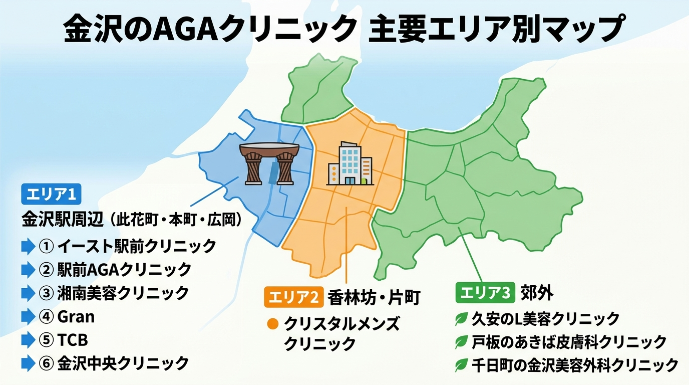 タイトル: 金沢のAGAクリニック 主要エリア別マップ。金沢市の簡略地図イラスト上に3つのエリアを色分けで表示。エリア1(青)金沢駅周辺=此花町・本町・広岡: イースト駅前クリニック・駅前AGAクリニック・湘南美容クリニック・Gran・TCB・金沢中央クリニック。エリア2(オレンジ)香林坊・片町: クリスタルメンズクリニック。エリア3(緑)郊外: 久安のL美容クリニック・戸板のあきば皮膚科クリニック・千日町の金沢美容外科クリニック