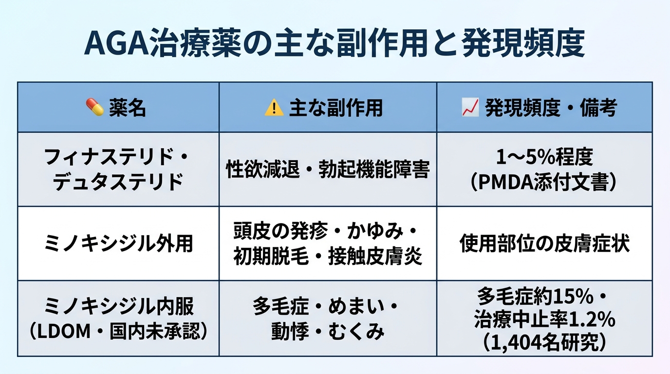 タイトル: AGA治療薬の主な副作用と発現頻度。3列の表: ヘッダー行: 薬名 | 主な副作用 | 発現頻度・備考。行1: フィナステリド・デュタステリド | 性欲減退・勃起機能障害 | 1〜5%程度(PMDA添付文書)。行2: ミノキシジル外用 | 頭皮の発疹・かゆみ・初期脱毛・接触皮膚炎 | 使用部位の皮膚症状。行3: ミノキシジル内服(LDOM・国内未承認) | 多毛症・めまい・動悸・むくみ | 多毛症約15%・治療中止率1.2%(1,404名研究)