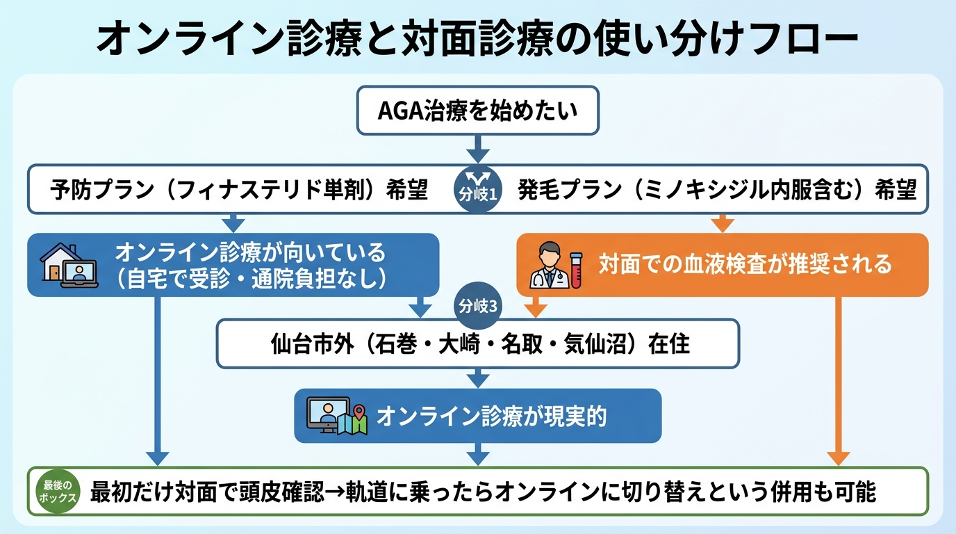 タイトル: オンライン診療と対面診療の使い分けフロー。縦型フローチャート。スタート: AGA治療を始めたい。分岐1: 予防プラン(フィナステリド単剤)希望→オンライン診療が向いている(自宅で受診・通院負担なし)。分岐2: 発毛プラン(ミノキシジル内服含む)希望→対面での血液検査が推奨される。分岐3: 仙台市外(石巻・大崎・名取・気仙沼)在住→オンライン診療が現実的。最後のボックス: 最初だけ対面で頭皮確認→軌道に乗ったらオンラインに切り替えという併用も可能。