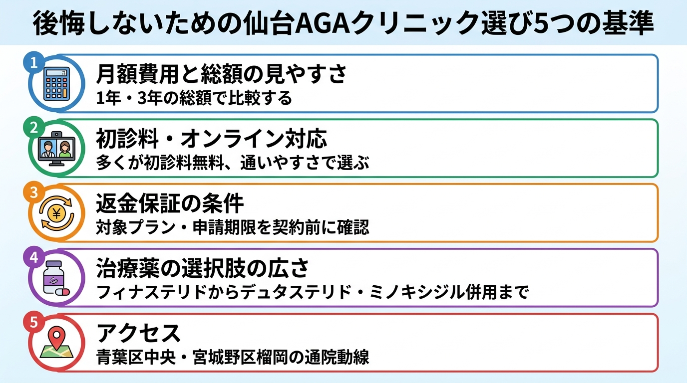タイトル: 後悔しないための仙台AGAクリニック選び5つの基準。縦並び5項目のチェックリスト型インフォグラフィック。基準1(電卓アイコン)月額費用と総額の見やすさ: 1年・3年の総額で比較する。基準2(ビデオ通話アイコン)初診料・オンライン対応: 多くが初診料無料、通いやすさで選ぶ。基準3(返金アイコン)返金保証の条件: 対象プラン・申請期限を契約前に確認。基準4(錠剤アイコン)治療薬の選択肢の広さ: フィナステリドからデュタステリド・ミノキシジル併用まで。基準5(地図ピンアイコン)アクセス: 青葉区中央・宮城野区榴岡の通院動線。