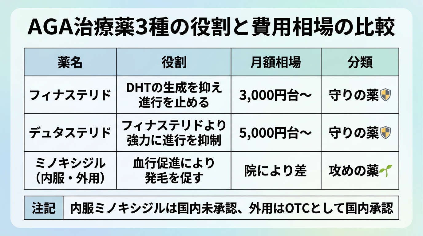 タイトル: AGA治療薬3種の役割と費用相場の比較。4列の表: ヘッダー行: 薬名 | 役割 | 月額相場 | 分類。行1: フィナステリド | DHTの生成を抑え進行を止める | 3,000円台〜 | 守りの薬。行2: デュタステリド | フィナステリドより強力に進行を抑制 | 5,000円台〜 | 守りの薬。行3: ミノキシジル(内服・外用) | 血行促進により発毛を促す | 院により差 | 攻めの薬。表の下に注記: 内服ミノキシジルは国内未承認、外用はOTCとして国内承認。