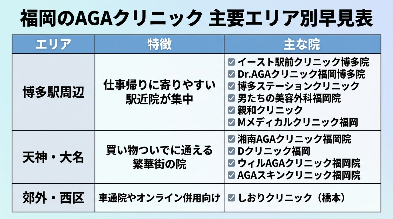 タイトル: 福岡のAGAクリニック 主要エリア別早見表。3列の表: ヘッダー行: エリア | 特徴 | 主な院。行1: 博多駅周辺 | 仕事帰りに寄りやすい駅近院が集中 | イースト駅前クリニック博多院、Dr.AGAクリニック福岡博多院、博多ステーションクリニック、男たちの美容外科福岡院、親和クリニック、Mメディカルクリニック福岡。行2: 天神・大名 | 買い物ついでに通える繁華街の院 | 湘南AGAクリニック福岡院、Dクリニック福岡、ウィルAGAクリニック福岡院、AGAスキンクリニック福岡院。行3: 郊外・西区 | 車通院やオンライン併用向け | しおりクリニック（橋本）