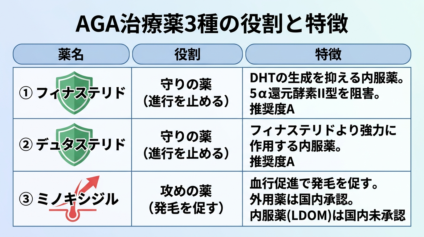 タイトル: AGA治療薬3種の役割と特徴。3列の表: ヘッダー行: 薬名 | 役割 | 特徴。行1: フィナステリド | 守りの薬（進行を止める） | DHTの生成を抑える内服薬。5α還元酵素II型を阻害。推奨度A。行2: デュタステリド | 守りの薬（進行を止める） | フィナステリドより強力に作用する内服薬。推奨度A。行3: ミノキシジル | 攻めの薬（発毛を促す） | 血行促進で発毛を促す。外用薬は国内承認。内服薬（LDOM）は国内未承認