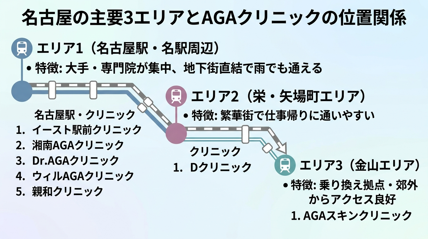 タイトル: 名古屋の主要3エリアとAGAクリニックの位置関係。3エリアのマップ風レイアウト: エリア1(名古屋駅・名駅周辺)特徴: 大手・専門院が集中、地下街直結で雨でも通える。掲載院: イースト駅前クリニック・湘南AGAクリニック・Dr.AGAクリニック・ウィルAGAクリニック・親和クリニック。エリア2(栄・矢場町エリア)特徴: 繁華街で仕事帰りに通いやすい。掲載院: Dクリニック。エリア3(金山エリア)特徴: 乗り換え拠点・郊外からアクセス良好。掲載院: AGAスキンクリニック。各エリアを電車路線でつなぐ