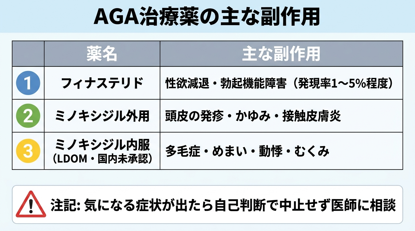 タイトル: AGA治療薬の主な副作用。2列の表: ヘッダー行: 薬名 | 主な副作用。行1: フィナステリド | 性欲減退・勃起機能障害(発現率1〜5%程度)。行2: ミノキシジル外用 | 頭皮の発疹・かゆみ・接触皮膚炎。行3: ミノキシジル内服(LDOM・国内未承認) | 多毛症・めまい・動悸・むくみ。注記: 気になる症状が出たら自己判断で中止せず医師に相談