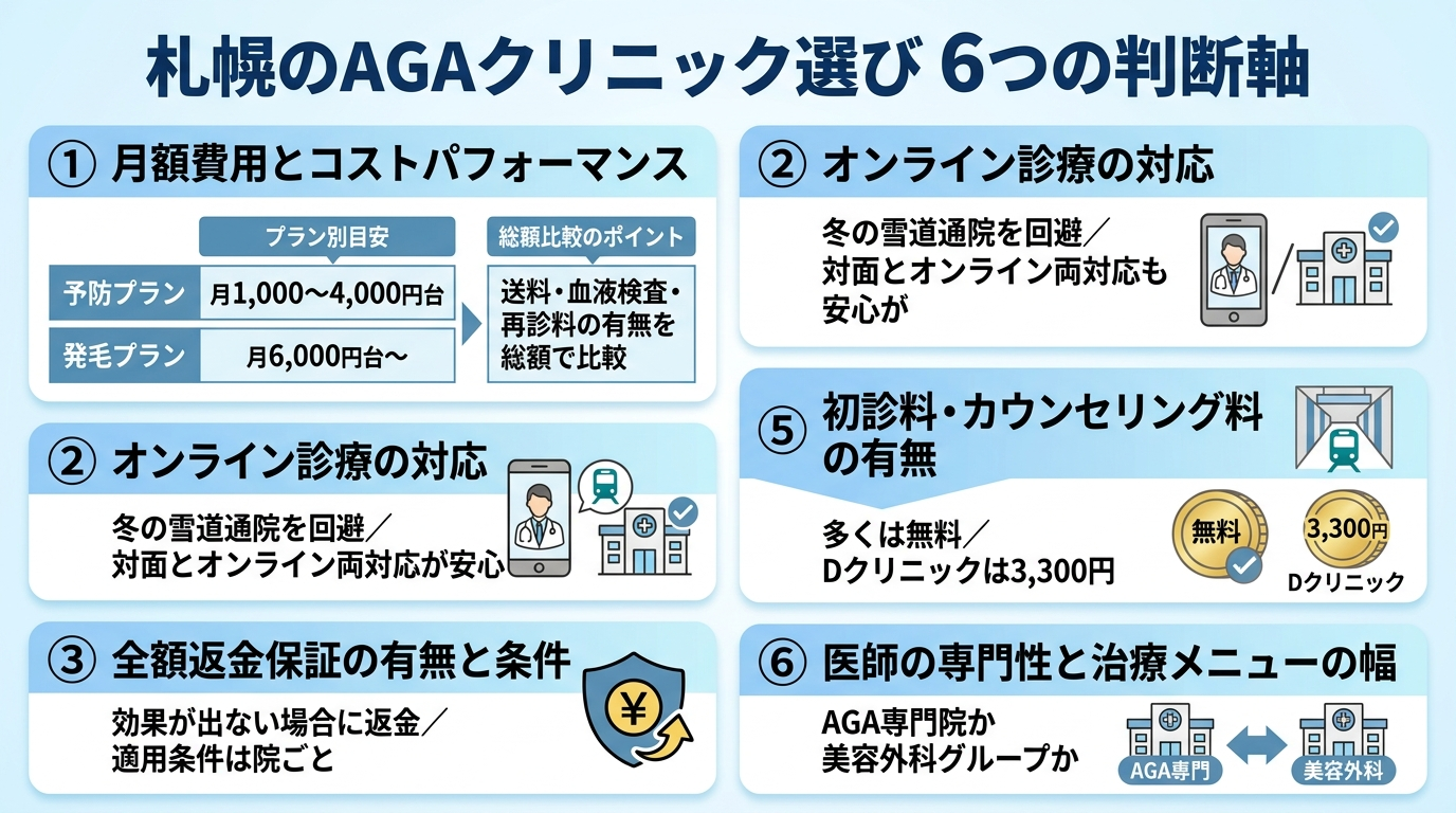タイトル: 札幌のAGAクリニック選び 6つの判断軸。縦並びチェックリスト形式の早見表: ①月額費用とコストパフォーマンス（予防プラン月1,000〜4,000円台/発毛プラン月6,000円台〜、送料・血液検査・再診料の有無を総額で比較）②オンライン診療の対応（冬の雪道通院を回避、対面とオンライン両対応が安心）③全額返金保証の有無と条件（効果が出ない場合に返金、適用条件は院ごと）④アクセスの良さ（JR札幌駅・地下鉄直結、地下歩行空間沿いが冬に有利）⑤初診料・カウンセリング料の有無（多くは無料、Dクリニックは3,300円）⑥医師の専門性と治療メニューの幅（AGA専門院か美容外科グループか）