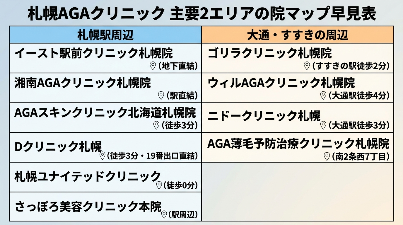 タイトル: 札幌AGAクリニック 主要2エリアの院マップ早見表。2列の表: ヘッダー行: 札幌駅周辺 | 大通・すすきの周辺。札幌駅周辺の列: イースト駅前クリニック札幌院（地下直結）、湘南AGAクリニック札幌院（駅直結）、AGAスキンクリニック北海道札幌院（徒歩3分）、Dクリニック札幌（徒歩3分・19番出口直結）、札幌ユナイテッドクリニック（徒歩0分）、さっぽろ美容クリニック本院（駅周辺）。大通・すすきの周辺の列: ゴリラクリニック札幌院（すすきの駅徒歩2分）、ウィルAGAクリニック札幌院（大通駅徒歩4分）、ニドークリニック札幌（大通駅徒歩3分）、AGA薄毛予防治療クリニック札幌院（南2条西7丁目）