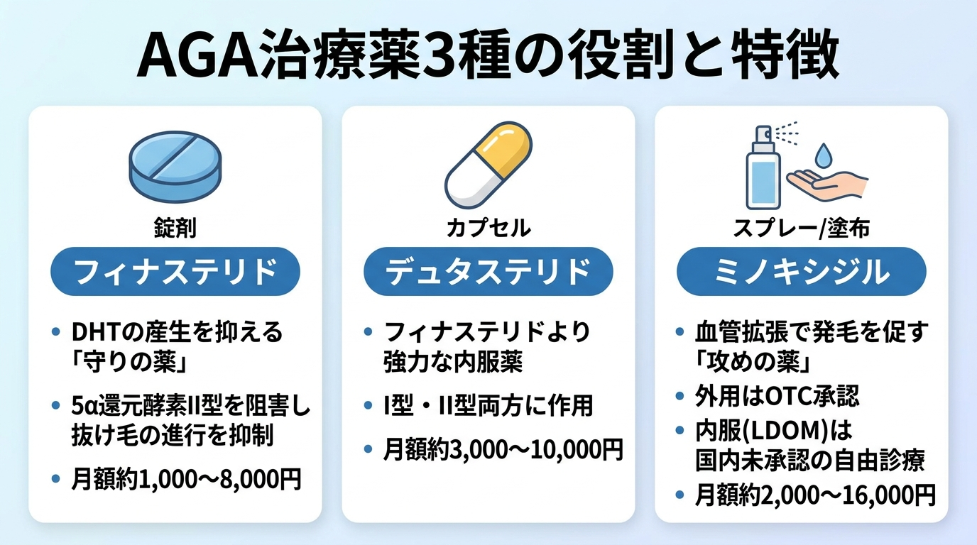 タイトル: AGA治療薬3種の役割と特徴。横並び3カードで: カード1（錠剤のアイコン）ヘッダー: フィナステリド、説明: DHTの産生を抑える「守りの薬」。5α還元酵素II型を阻害し抜け毛の進行を抑制。月額約1,000〜8,000円。カード2（カプセルのアイコン）ヘッダー: デュタステリド、説明: フィナステリドより強力な内服薬。I型・II型両方に作用。月額約3,000〜10,000円。カード3（スプレー/塗布のアイコン）ヘッダー: ミノキシジル、説明: 血管拡張で発毛を促す「攻めの薬」。外用はOTC承認、内服(LDOM)は国内未承認の自由診療。月額約2,000〜16,000円