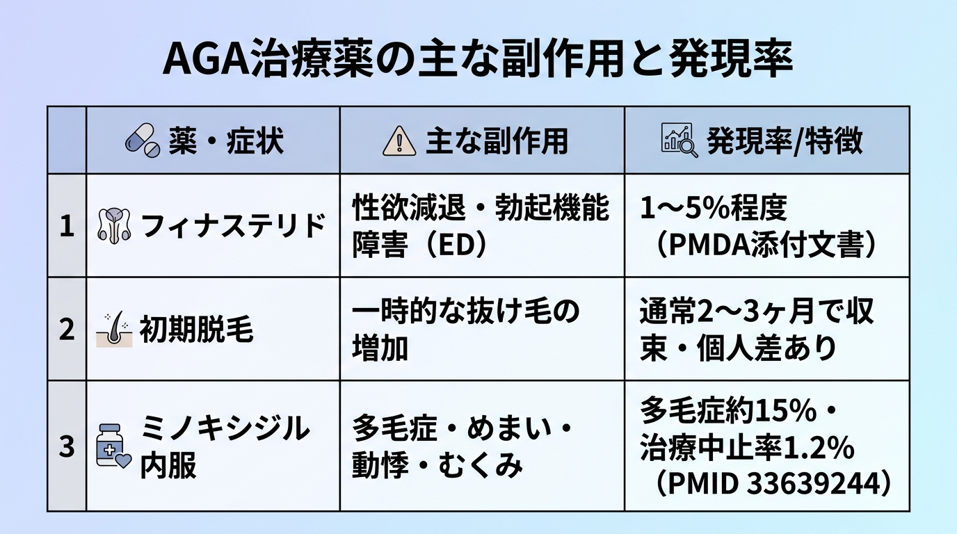 タイトル: AGA治療薬の主な副作用と発現率。3列の表: ヘッダー行: 薬・症状 | 主な副作用 | 発現率/特徴。行1: フィナステリド | 性欲減退・勃起機能障害(ED) | 1〜5%程度(PMDA添付文書)。行2: 初期脱毛 | 一時的な抜け毛の増加 | 通常2〜3ヶ月で収束・個人差あり。行3: ミノキシジル内服 | 多毛症・めまい・動悸・むくみ | 多毛症約15%・治療中止率1.2%(PMID 33639244)