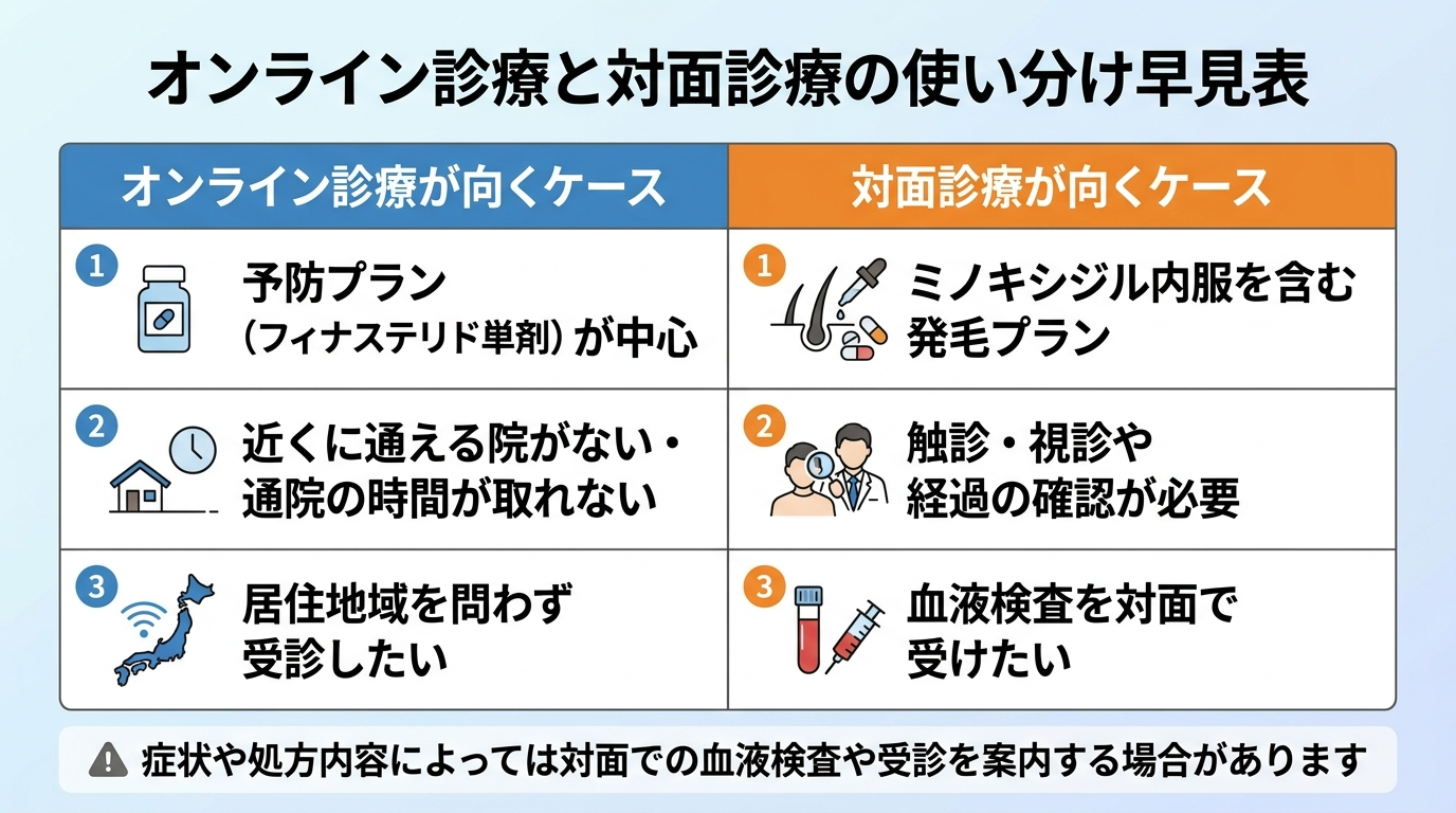 タイトル: オンライン診療と対面診療の使い分け早見表。2列の比較表: ヘッダー行: オンライン診療が向くケース | 対面診療が向くケース。行1: 予防プラン(フィナステリド単剤)が中心 | ミノキシジル内服を含む発毛プラン。行2: 近くに通える院がない・通院の時間が取れない | 触診・視診や経過の確認が必要。行3: 居住地域を問わず受診したい | 血液検査を対面で受けたい。下部に注記: 症状や処方内容によっては対面での血液検査や受診を案内する場合があります