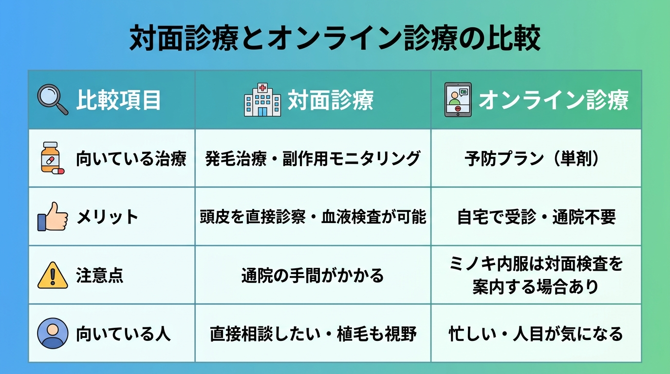 タイトル: 対面診療とオンライン診療の比較。3列の表: ヘッダー行: 比較項目 | 対面診療 | オンライン診療。行1: 向いている治療 | 発毛治療・副作用モニタリング | 予防プラン(単剤)。行2: メリット | 頭皮を直接診察・血液検査が可能 | 自宅で受診・通院不要。行3: 注意点 | 通院の手間がかかる | ミノキ内服は対面検査を案内する場合あり。行4: 向いている人 | 直接相談したい・植毛も視野 | 忙しい・人目が気になる