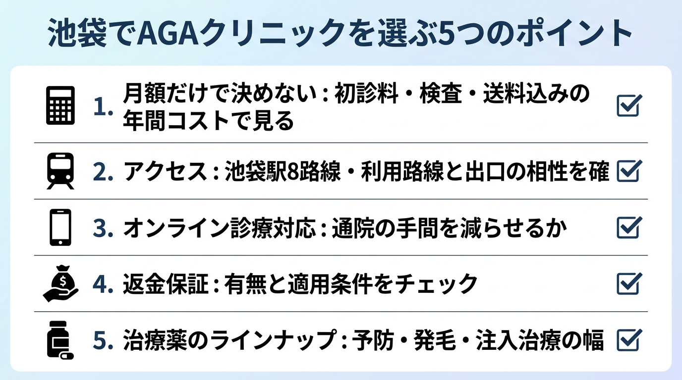 タイトル: 池袋でAGAクリニックを選ぶ5つのポイント。縦並び5項目のチェックリスト型インフォグラフィック: ポイント1(電卓アイコン)月額だけで決めない: 初診料・検査・送料込みの年間コストで見る。ポイント2(電車アイコン)アクセス: 池袋駅8路線・利用路線と出口の相性を確認。ポイント3(スマホアイコン)オンライン診療対応: 通院の手間を減らせるか。ポイント4(返金アイコン)返金保証: 有無と適用条件をチェック。ポイント5(薬瓶アイコン)治療薬のラインナップ: 予防・発毛・注入治療の幅