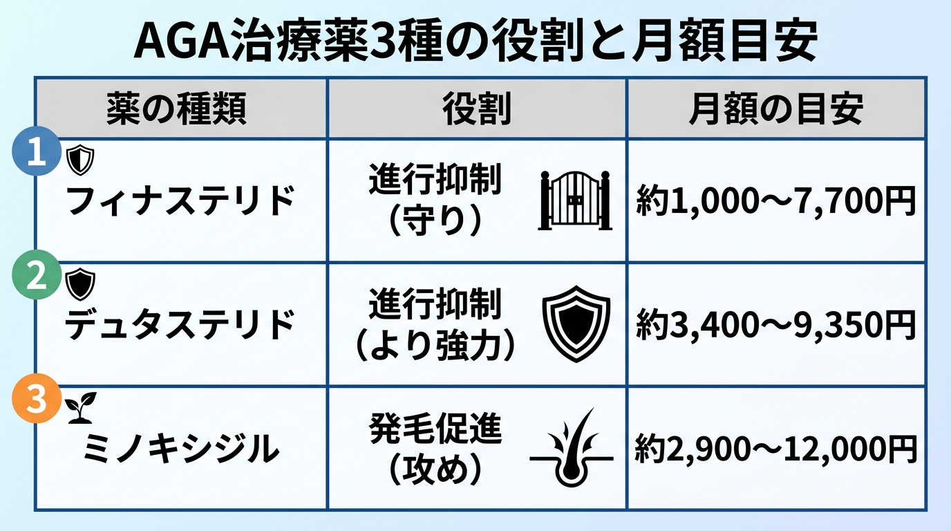 タイトル: AGA治療薬3種の役割と月額目安。3列の表: ヘッダー行: 薬の種類 | 役割 | 月額の目安。行1: フィナステリド | 進行抑制(守り) | 約1,000〜7,700円。行2: デュタステリド | 進行抑制(より強力) | 約3,400〜9,350円。行3: ミノキシジル | 発毛促進(攻め) | 約2,900〜12,000円