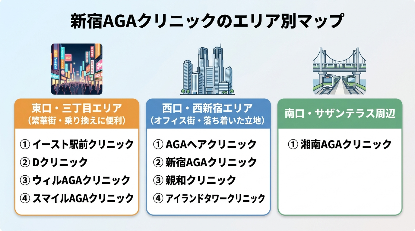 タイトル: 新宿AGAクリニックのエリア別マップ。横並び3エリアのカード形式: カード1(繁華街のアイコン)ヘッダー: 東口・三丁目エリア(繁華街・乗り換えに便利)、掲載院: イースト駅前クリニック、Dクリニック、ウィルAGAクリニック、スマイルAGAクリニック。カード2(高層ビルのアイコン)ヘッダー: 西口・西新宿エリア(オフィス街・落ち着いた立地)、掲載院: AGAヘアクリニック、新宿AGAクリニック、親和クリニック、アイランドタワークリニック。カード3(駅直結のアイコン)ヘッダー: 南口・サザンテラス周辺、掲載院: 湘南AGAクリニック
