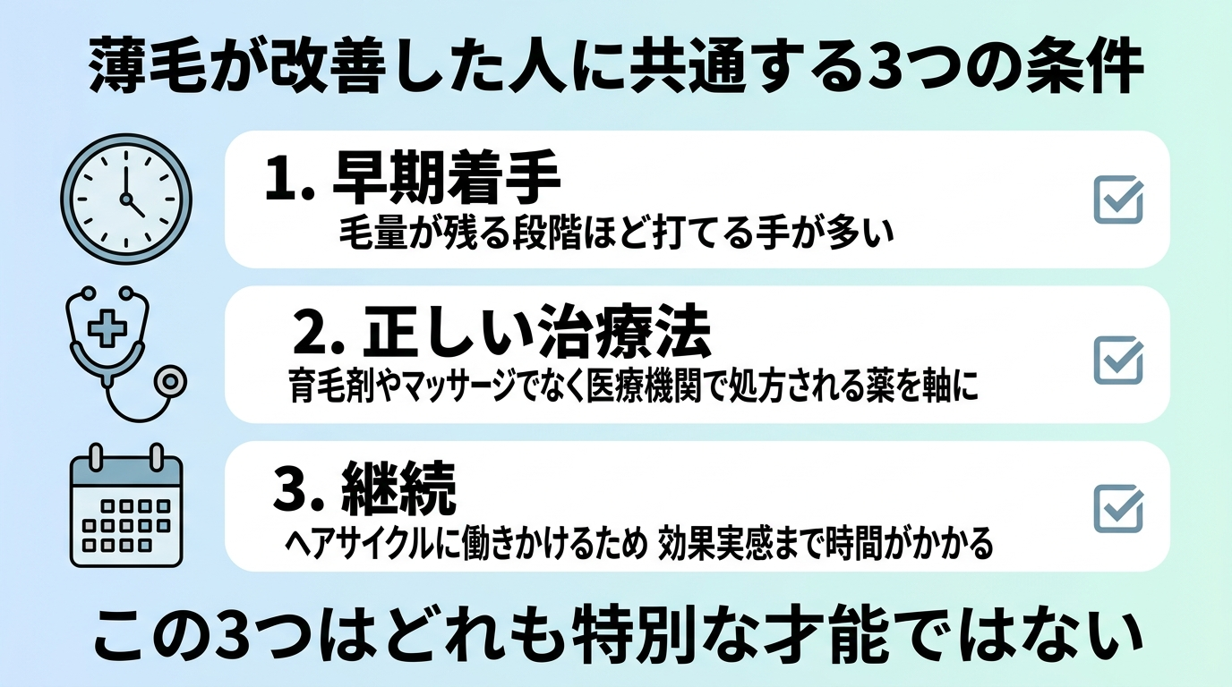 タイトル: 薄毛が改善した人に共通する3つの条件。縦並び3項目のチェックリスト型インフォグラフィック。項目1(時計のアイコン): 早期着手 — 毛量が残る段階ほど打てる手が多い。項目2(聴診器のアイコン): 正しい治療法 — 育毛剤やマッサージでなく医療機関で処方される薬を軸に。項目3(カレンダーのアイコン): 継続 — ヘアサイクルに働きかけるため効果実感まで時間がかかる。下部キャプション: この3つはどれも特別な才能ではない