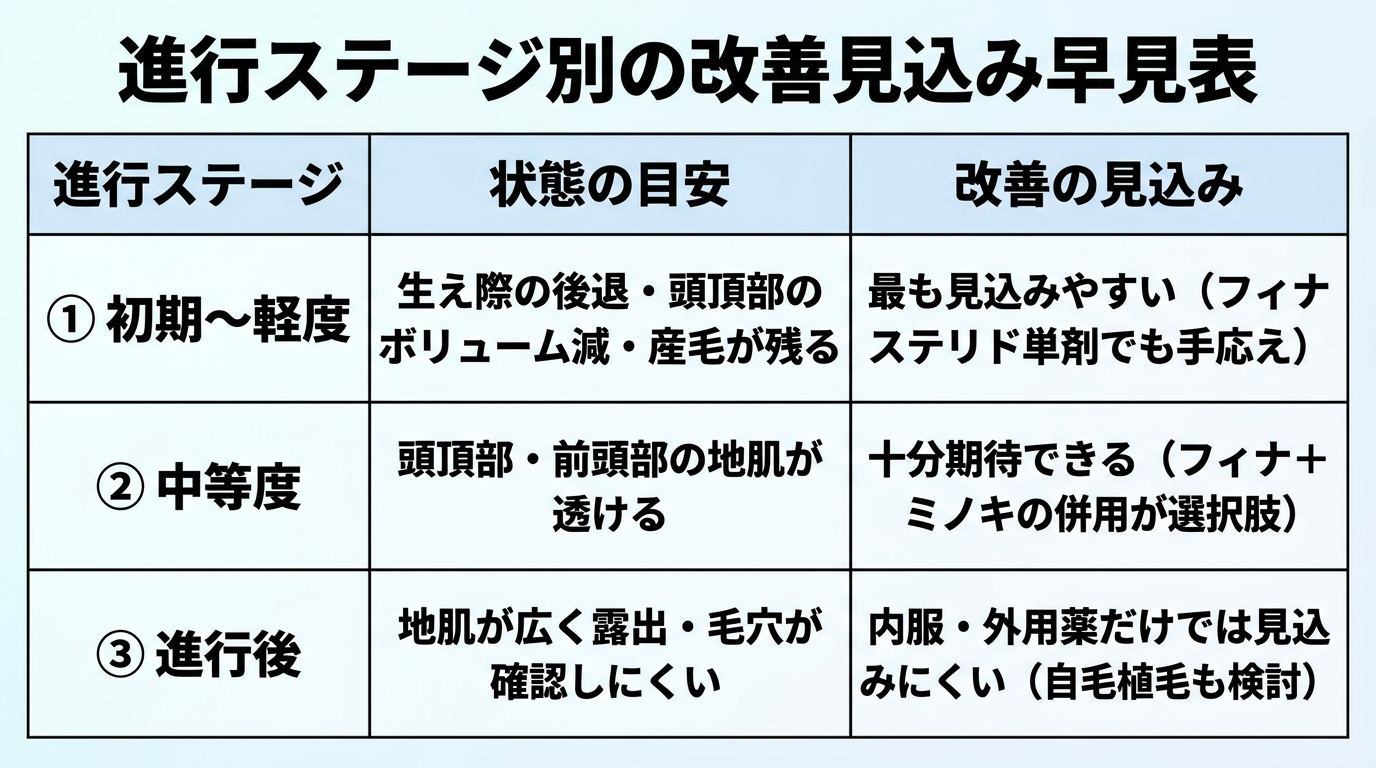 タイトル: 進行ステージ別の改善見込み早見表。3列の表: ヘッダー行: 進行ステージ | 状態の目安 | 改善の見込み。行1: 初期〜軽度 | 生え際の後退・頭頂部のボリューム減・産毛が残る | 最も見込みやすい(フィナステリド単剤でも手応え)。行2: 中等度 | 頭頂部・前頭部の地肌が透ける | 十分期待できる(フィナ+ミノキの併用が選択肢)。行3: 進行後 | 地肌が広く露出・毛穴が確認しにくい | 内服・外用薬だけでは見込みにくい(自毛植毛も検討)