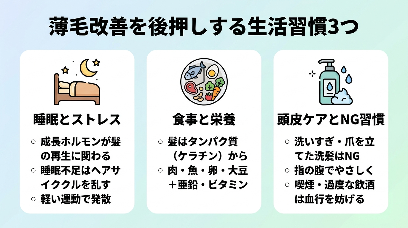 タイトル: 薄毛改善を後押しする生活習慣3つ。横並び3カード型イラスト。カード1(ベッドのアイコン)ヘッダー: 睡眠とストレス、説明: 成長ホルモンが髪の再生に関わる。睡眠不足はヘアサイクルを乱す。軽い運動で発散。カード2(食事プレートのアイコン)ヘッダー: 食事と栄養、説明: 髪はタンパク質(ケラチン)から。肉・魚・卵・大豆+亜鉛・ビタミン。カード3(シャンプーのアイコン)ヘッダー: 頭皮ケアとNG習慣、説明: 洗いすぎ・爪を立てた洗髪はNG。指の腹でやさしく。喫煙・過度な飲酒は血行を妨げる