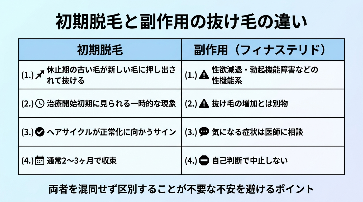 タイトル: 初期脱毛と副作用の抜け毛の違い。2列の比較表: ヘッダー行: 初期脱毛 | 副作用(フィナステリド)。行1: 休止期の古い毛が新しい毛に押し出されて抜ける | 性欲減退・勃起機能障害などの性機能系。行2: 治療開始初期に見られる一時的な現象 | 抜け毛の増加とは別物。行3: ヘアサイクルが正常化に向かうサイン | 気になる症状は医師に相談。行4: 通常2〜3ヶ月で収束 | 自己判断で中止しない。下部キャプション: 両者を混同せず区別することが不要な不安を避けるポイント