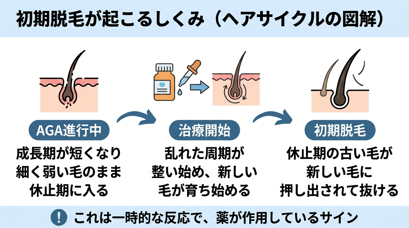 タイトル: 初期脱毛が起こるしくみ(ヘアサイクルの図解)。横並び3ステップのフロー図: ステップ1(乱れたヘアサイクルのアイコン)ヘッダー: AGA進行中、説明: 成長期が短くなり細く弱い毛のまま休止期に入る。ステップ2(薬のアイコン+矢印)ヘッダー: 治療開始、説明: 乱れた周期が整い始め、新しい毛が育ち始める。ステップ3(抜け毛+新しい毛のアイコン)ヘッダー: 初期脱毛、説明: 休止期の古い毛が新しい毛に押し出されて抜ける。下部に注釈: これは一時的な反応で、薬が作用しているサイン