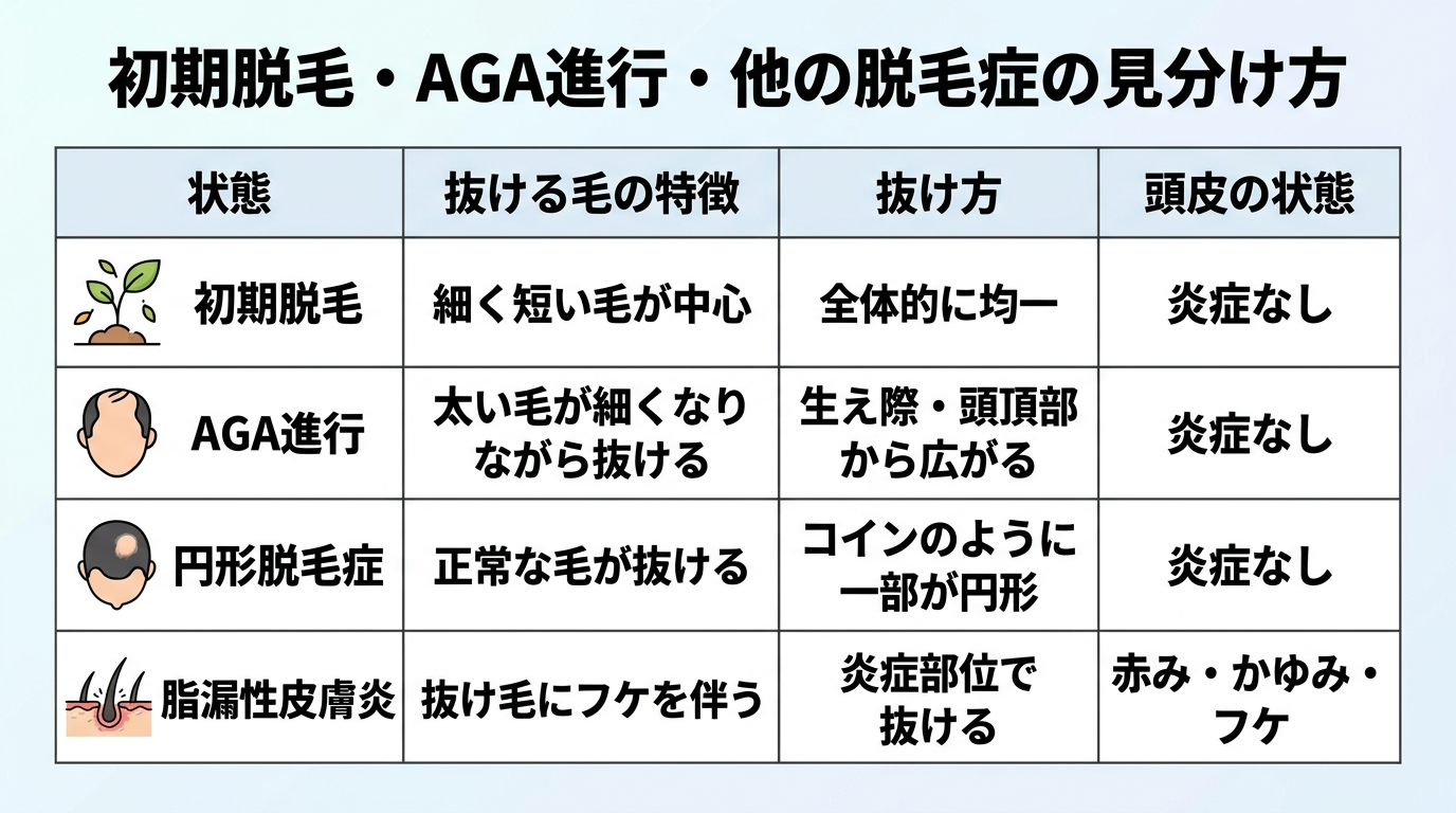 タイトル: 初期脱毛・AGA進行・他の脱毛症の見分け方。4列の表: ヘッダー行: 状態 | 抜ける毛の特徴 | 抜け方 | 頭皮の状態。行1: 初期脱毛 | 細く短い毛が中心 | 全体的に均一 | 炎症なし。行2: AGA進行 | 太い毛が細くなりながら抜ける | 生え際・頭頂部から広がる | 炎症なし。行3: 円形脱毛症 | 正常な毛が抜ける | コインのように一部が円形 | 炎症なし。行4: 脂漏性皮膚炎 | 抜け毛にフケを伴う | 炎症部位で抜ける | 赤み・かゆみ・フケ