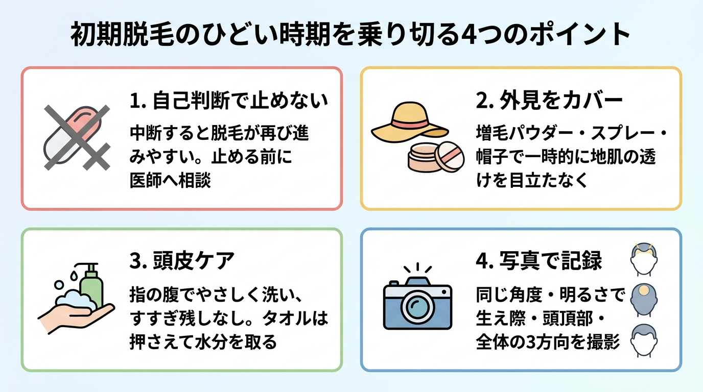 タイトル: 初期脱毛のひどい時期を乗り切る4つのポイント。2×2のカード配置で: カード1(薬と×印のアイコン)ヘッダー: 自己判断で止めない、説明: 中断すると脱毛が再び進みやすい。止める前に医師へ相談。カード2(帽子・パウダーのアイコン)ヘッダー: 外見をカバー、説明: 増毛パウダー・スプレー・帽子で一時的に地肌の透けを目立たなく。カード3(シャンプーのアイコン)ヘッダー: 頭皮ケア、説明: 指の腹でやさしく洗い、すすぎ残しなし。タオルは押さえて水分を取る。カード4(カメラのアイコン)ヘッダー: 写真で記録、説明: 同じ角度・明るさで生え際・頭頂部・全体の3方向を撮影