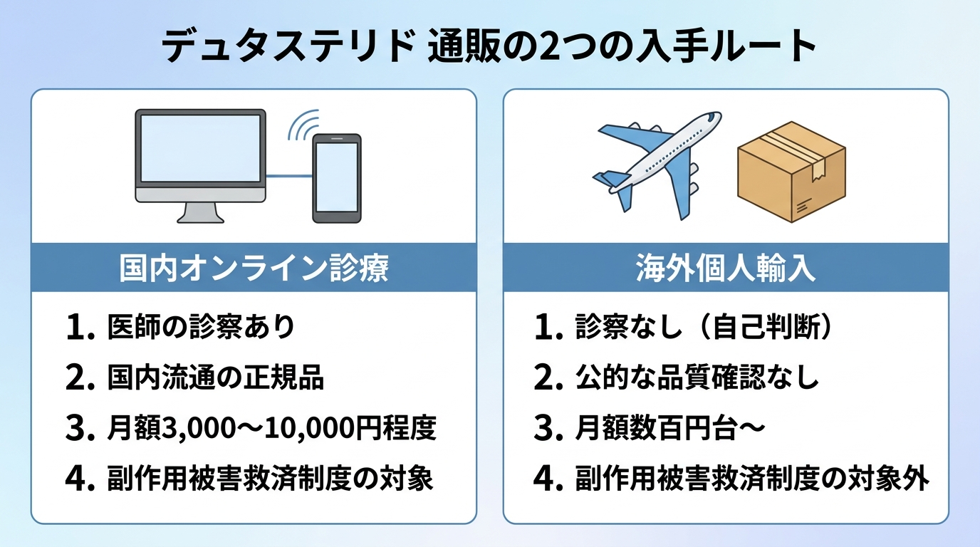 タイトル: デュタステリド 通販の2つの入手ルート。横並び2カードで比較。カード1（PCとスマホのアイコン）ヘッダー: 国内オンライン診療、説明: 医師の診察あり・国内流通の正規品・月額3,000〜10,000円程度・副作用被害救済制度の対象。カード2（飛行機と箱のアイコン）ヘッダー: 海外個人輸入、説明: 診察なし（自己判断）・公的な品質確認なし・月額数百円台〜・副作用被害救済制度の対象外。