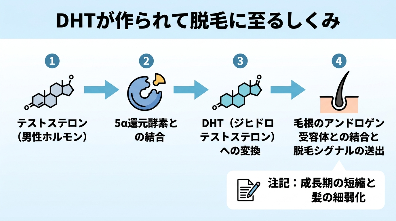 タイトル: DHTが作られて脱毛に至るしくみ。横方向のフロー図で4ステップ: ステップ1: テストステロン（男性ホルモン）→ ステップ2: 5α還元酵素と結合 → ステップ3: DHT（ジヒドロテストステロン）に変換 → ステップ4: 毛根のアンドロゲン受容体と結合し脱毛シグナルを送る。最後に『成長期が短くなり髪が細く弱くなる』と注記