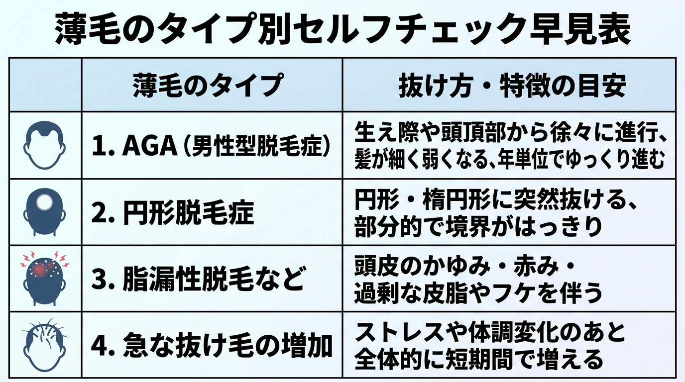 タイトル: 薄毛のタイプ別セルフチェック早見表。2列の表: ヘッダー行: 薄毛のタイプ | 抜け方・特徴の目安。行1: AGA（男性型脱毛症） | 生え際や頭頂部から徐々に進行、髪が細く弱くなる、年単位でゆっくり進む。行2: 円形脱毛症 | 円形・楕円形に突然抜ける、部分的で境界がはっきり。行3: 脂漏性脱毛など | 頭皮のかゆみ・赤み・過剰な皮脂やフケを伴う。行4: 急な抜け毛の増加 | ストレスや体調変化のあと全体的に短期間で増える