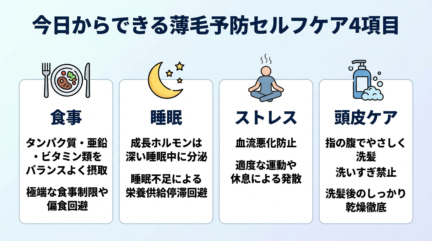 タイトル: 今日からできる薄毛予防セルフケア4項目。横並び4カードで: カード1(食事のアイコン)ヘッダー: 食事、説明: タンパク質・亜鉛・ビタミン類をバランスよく摂る。極端な食事制限や偏食は避ける。カード2(月のアイコン)ヘッダー: 睡眠、説明: 成長ホルモンは深い睡眠中に分泌。睡眠不足は栄養供給が滞る。カード3(リラックスのアイコン)ヘッダー: ストレス、説明: 血流悪化を防ぐ。適度な運動や休息で発散。カード4(シャンプーのアイコン)ヘッダー: 頭皮ケア、説明: 指の腹でやさしく洗う。洗いすぎ禁物、洗髪後はしっかり乾かす